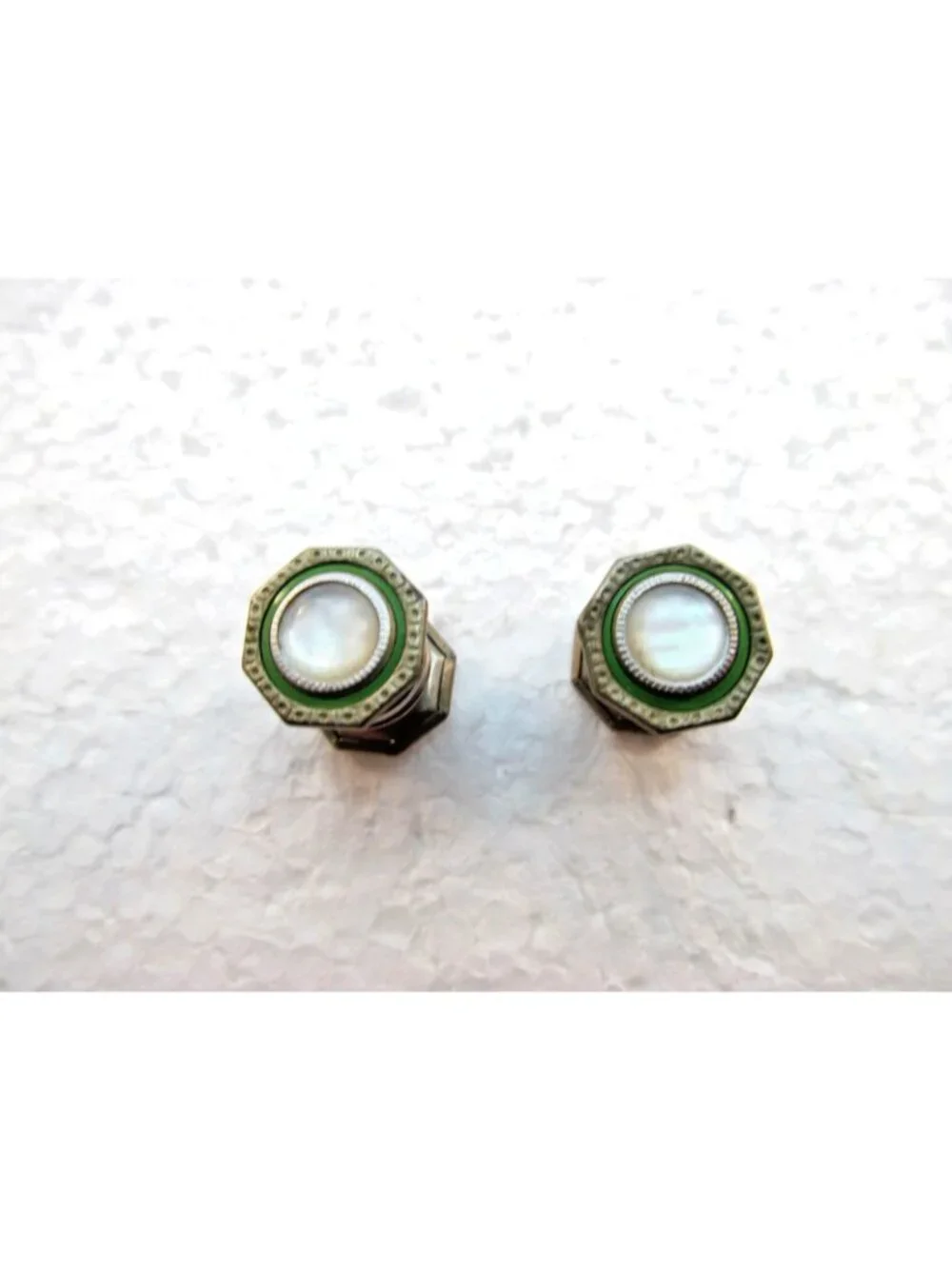 Vintage Octagonal Silver Tone Mother of Pearl Snap Link Cufflinks Double Sided